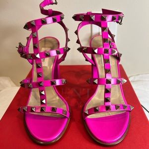 Auth BNIB Valentino Hot Pink Rockstud Ankle Strap Sandal - 90mm  in size 37